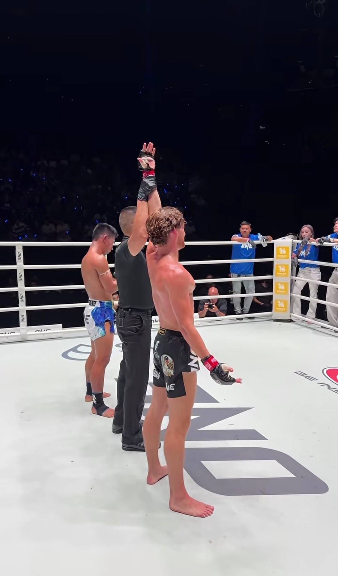 Freddie Haggerty celebrating his latest fight victory in the ring