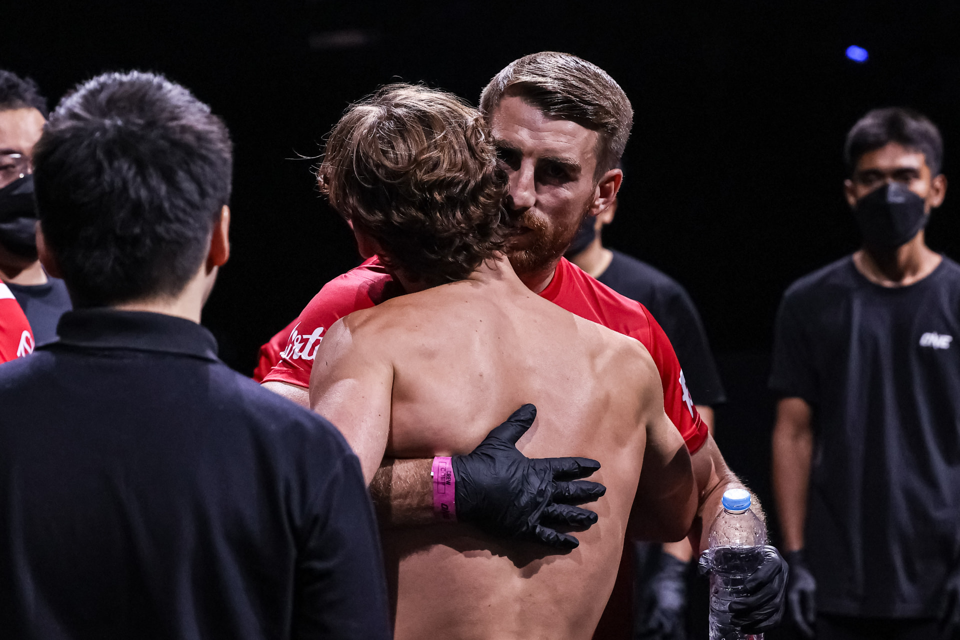 Freddie Haggerty sharing a quiet moment with his corner after the fight